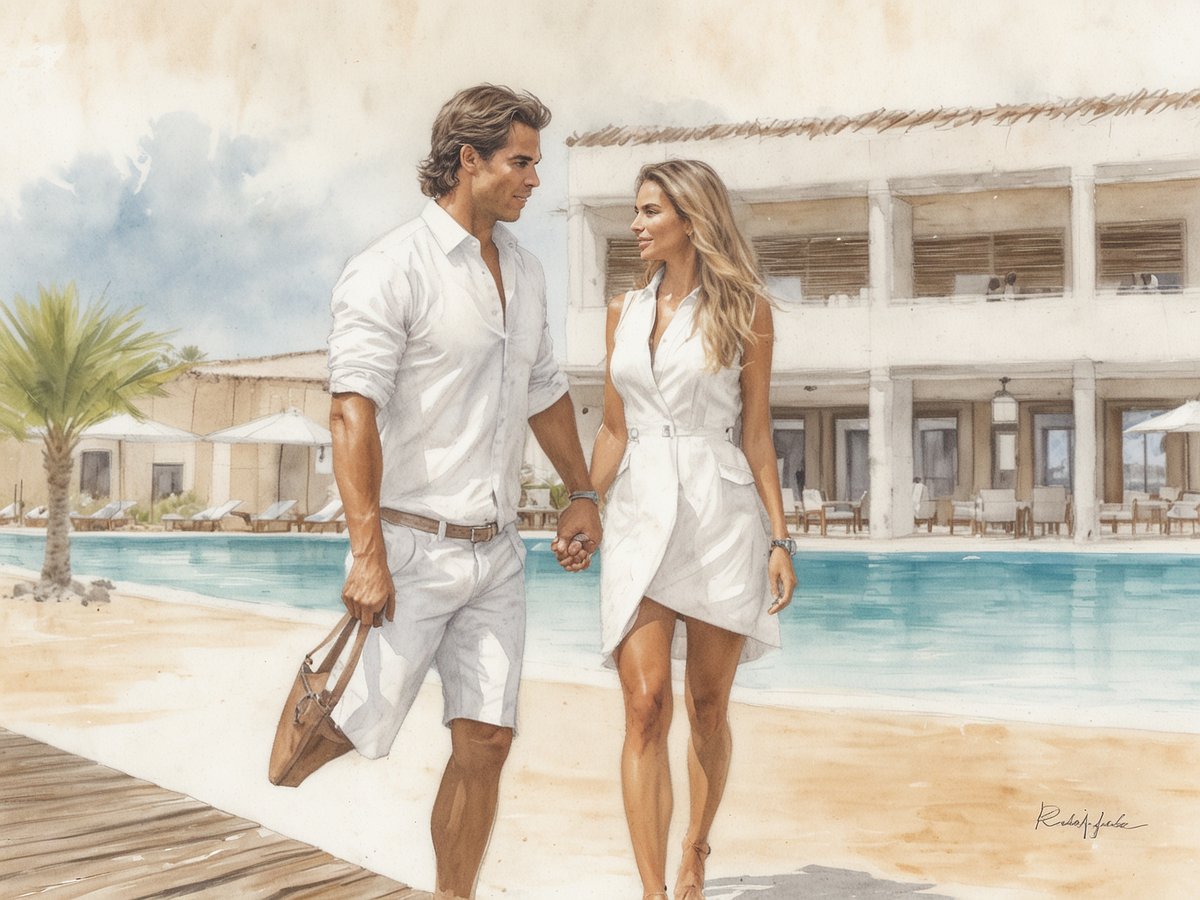 Ein Mann und eine Frau spazieren Hand in Hand am Rand eines Pools, umgeben von einer eleganten mediterranen Architektur. Der Mann trägt ein lässiges, weißes Hemd und Shorts, während die Frau ein schickes, weißes Kleid trägt. Im Hintergrund sind Liegen und Sonnenschirme zu sehen, sowie Palmen, die dem Umfeld einen tropischen Flair verleihen. Ein ruhiger Himmel mit leichten Wolken vervollständigt die entspannte Atmosphäre des Ziels.