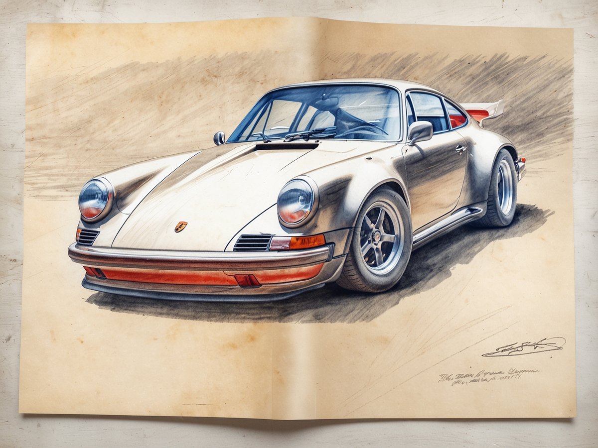 Eine kunstvoll gezeichnete Darstellung eines klassischen Porsche 911 zeigt das Fahrzeug in einem dynamischen Winkel. Das Design betont die charakteristische Silhouette mit runden Scheinwerfern und markanten Linien. Die Farbpalette umfasst Töne von Weiß und silbernen Akzenten, während der Hintergrund in sanften Brauntönen gehalten ist, die einen Bewegungs- oder Geschwindigkeitseffekt erzeugen. Auf dem Papier befindet sich eine signierte Notiz des Künstlers, die den Titel und das Jahr des Entwurfs angibt.