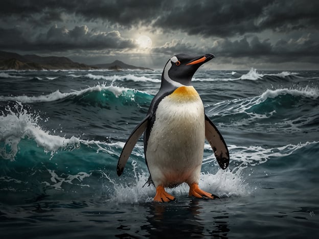 Auf dem Bild ist ein Pinguin zu sehen, der in den Wellen des Meeres steht, während der Himmel mit dunklen Wolken verhangen ist. 

Die Herausforderungen für die Pinguin-Kolonie umfassen:

1. **Klimawandel**: Die steigenden Temperaturen und schmelzenden Eisflächen gefährden ihre Lebensräume.
2. **Nahrungsmangel**: Überfischung und Veränderungen im marinen Ökosystem können die Verfügbarkeit von Fisch und anderen Nahrungsquellen verringern.
3. **Umweltverschmutzung**: Verschmutzung der Meere, insbesondere durch Plastik, stellt eine ernsthafte Bedrohung für ihre Gesundheit dar.
4. **Raubbau durch andere Tiere**: Veränderungen in der natürlichen Raubtier-Beziehung können die Pinguinpopulationen stark beeinflussen. 

Diese Herausforderungen müssen angegangen werden, um das Überleben der Pinguinkolonien zu sichern.