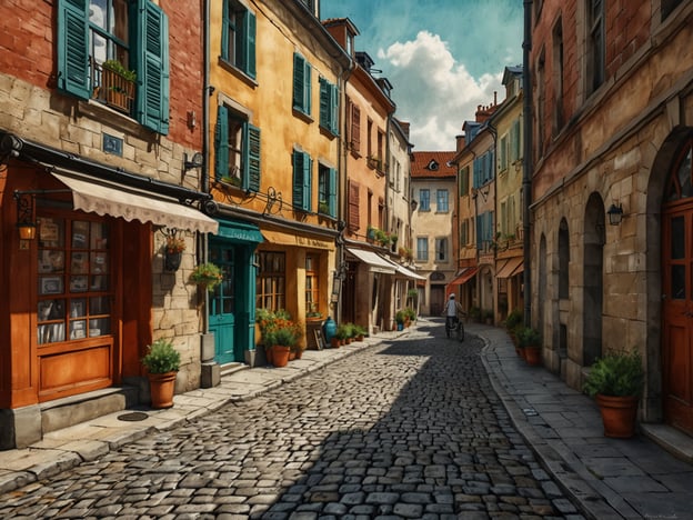 Auf dem Bild ist eine malerische, enge Gasse in einer charmanten Stadt zu sehen. Die Gebäude sind in warmen Farben gestrichen und haben zahlreiche Fenster mit grünen Fensterläden. Kleine Geschäfte mit einladenden Eingängen und gemütlichen Pflanzkübeln tragen zum einzigartigen Ambiente der Stadt bei. Der Kopfsteinpflasterbelag der Straße und die sanfte Beleuchtung verleihen der Szene eine nostalgische Atmosphäre. Ein Fahrradfahrer ist unterwegs, was das lebendige Treiben in dieser idyllischen Umgebung unterstreicht. Die Wolken am Himmel sorgen für eine angenehme, ruhige Stimmung.