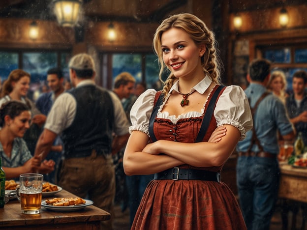 Auf dem Bild ist eine Frau in traditioneller bayerischer Tracht zu sehen, die wahrscheinlich an einem Oktoberfest in Villa General Belgrano teilnimmt. Sie lächelt freundlich und steht in einer geselligen Atmosphäre, in der im Hintergrund andere Gäste zusammen feiern. Auf dem Tisch vor ihr sind Getränke und Snacks zu erkennen, was auf die fröhliche Stimmung des Festes hinweist. Die Szenerie wirkt einladend und vermittelt das Gefühl von Gemeinschaft und Tradition, das oft mit solchen Festen verbunden ist.