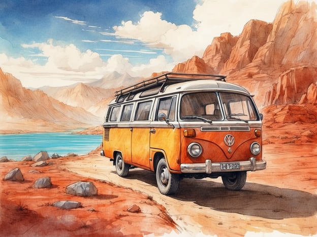 Auf dem Bild ist ein orangefarbenes VW-Bus-Modell zu sehen, das in einer malerischen Landschaft mit roten Felsen und einem blauen Gewässer parkt. Es wirkt wie eine idyllische Szenerie, die Abenteuer und Reisen symbolisiert.

Hier sind einige Tipps für einen gelungenen Besuch in einer ähnlichen Umgebung:

1. **Planung der Route**: Informiere dich im Voraus über sehenswerte Punkte in der Umgebung, um keine versteckten Schönheiten zu verpassen.

2. **Ausrüstung**: Nimm genügend Wasser und Snacks mit, um dich während deines Aufenthalts zu stärken.

3. **Kamera**: Vergiss nicht, eine Kamera oder dein Smartphone mitzunehmen, um die schönen Momente festzuhalten.

4. **Natur respektieren**: Halte dich an die Regeln für den Schutz der Natur und hinterlasse keinen Müll.

5. **Kleidung**: Trage bequeme, geeignete Kleidung und gutes Schuhwerk, um auch unebene Wege gut bewältigen zu können.

6. **Sicherheit**: Informiere jemanden über deine Pläne und die voraussichtliche Rückkehrzeit, besonders wenn du in abgelegene Gebiete fährst.

Viel Spaß beim Entdecken und Erleben der Natur!