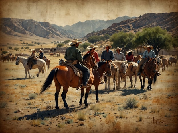 Auf dem Bild sind mehrere Gauchos zu sehen, die auf ihren Pferden durch eine weite, trockene Landschaft reiten. Diese Szenerie spiegelt das Leben der Gauchos wider, die als wandernde Viehzüchter in der südamerikanischen Pampas leben. 

Gauchos sind bekannt für ihre Fähigkeiten im Umgang mit Pferden und ihre Expertise in der Viehzucht. Oft tragen sie traditionelle Kleidung, wie weite Hosen und breite Hüte, die sie vor der Sonne schützen. Ihr Lebensstil ist eng mit der Natur verbunden, und sie verbringen viel Zeit in der freien Natur, wo sie ihre Herden betreuen und die Weiten der Landschaft erkunden. 

Die dargestellte Szene könnte eine Versammlung oder einen Transport von Vieh zeigen, was ein typisches Element des Alltags eines Gauchos ist, während sie die Weiden durchqueren oder sich auf eine Rinderherde vorbereiten. Der Gemeinschaftssinn und die enge Verbindung zur Tradition sind ebenfalls wichtige Aspekte ihres Lebens.