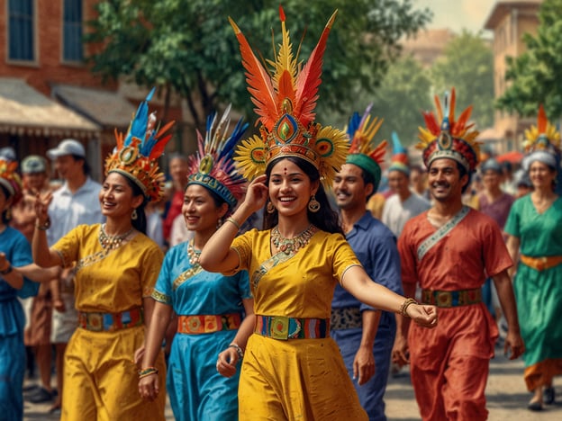 Auf dem Bild sind fröhliche Menschen zu sehen, die in bunten, traditionell inspirierten Kostümen einen festlichen Umzug oder eine Tanzveranstaltung genießen. Die leuchtenden Farben und aufwendigen Kopfbedeckungen deuten darauf hin, dass es sich um eine kulturelle Feier handelt, möglicherweise eine Art von Fest, das mit Folklore oder traditionellen Bräuchen verbunden ist. Solche Veranstaltungen finden häufig bei Festlichkeiten wie Volksfesten, Erntedank oder kulturellen Festivals statt, bei denen Musik, Tanz und Gemeinschaft gefeiert werden.