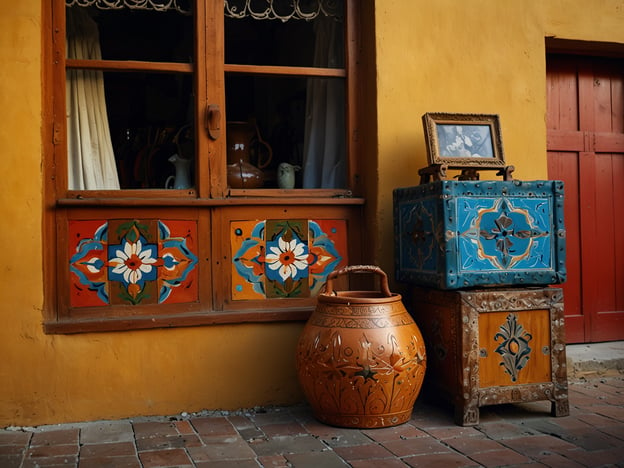 Auf dem Bild sind einige wunderschöne Souvenirs und lokale Handwerkskunst zu sehen. Im Vordergrund steht ein verzierter, orangefarbener Topf, der typisch für traditionelles Handwerk ist. Neben ihm sind zwei dekorative Kisten in verschiedenen Farben, eine davon blau mit kunstvollen Motiven, die handgefertigt zu sein scheinen. Der Fensterrahmen ist ebenfalls mit farbenfrohen, floralen Mustern verziert, was die lokale Handwerkskunst widerspiegelt. Im Hintergrund sind weitere Töpfe und dekorative Elemente sichtbar, die die kulturelle Tiefe der Region zeigen.