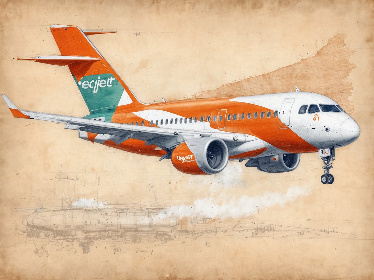 Ein Flugzeug im Design von easyJet ist dargestellt, das in der Luft fliegt. Die Farbgebung des Flugzeugs ist orange und weiß mit grünen Akzenten. Im Hintergrund sind skizzenhafte Zeichnungen und technische Details des Flugzeugs zu sehen. Die Gesamtästhetik des Bildes erinnert an einen künstlerischen Entwurf oder eine grafische Darstellung.