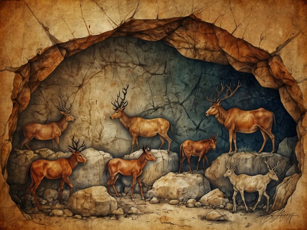 Auf dem Bild sind beeindruckende Kunstwerke der Höhle dargestellt. Es zeigt eine Gruppe von Rehen und Hirschen, die in einer Höhlenlandschaft positioniert sind. Diese Tiere sind kreativ und detailreich gestaltet, was an die prähistorischen Höhlenmalereien erinnert, die oft Tiere darstellen. Der Hintergrund ist in warmen Farben gehalten, mit einer Atmosphäre, die die Verbindung zur Natur und zu den frühen Menschen, die diese Kunstwerke geschaffen haben, verdeutlicht.