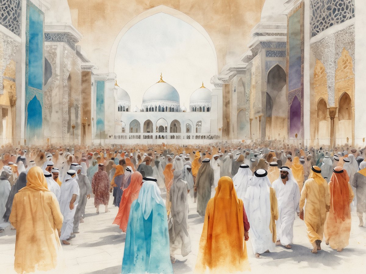 Eine belebte Szene in Abu Dhabi zeigt eine große Menschenmenge, die innerhalb eines majestätischen architektonischen Rahmens zusammenkommt. Die Menschen sind in traditionelle Kleidung gekleidet, darunter lange Gewänder und Kopfbedeckungen, und es gibt eine Vielfalt von Farben, insbesondere in den Überwürfen der Frauen. Im Hintergrund sind beeindruckende Kuppeln und kunstvoll verzierte Gebäude zu sehen, die die kulturelle Pracht und den historischen Reichtum der Stadt widerspiegeln. Die Atmosphäre ist lebhaft und dynamisch, was die Energie der Open-Air-Kunstbiennale einfängt.