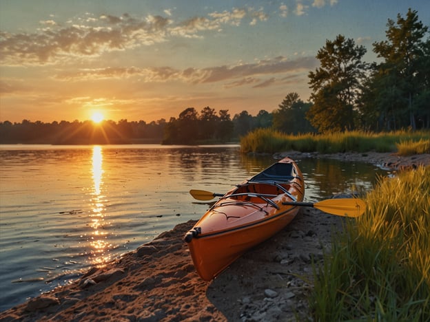 Auf dem Bild ist ein ruhiger See zu sehen, an dem ein orangefarbenes Kajak am Ufer liegt. Die Morgensonne geht auf und wirft ein sanftes Licht auf das Wasser, das die Umgebung in warmen Farben erstrahlen lässt. 

Solche Szenen laden zu verschiedenen Aktivitäten ein. Man könnte eine Kajaktour auf dem See machen, das sanfte Schaukeln auf dem Wasser genießen und die Natur erkunden. Vielleicht sind auch andere Freizeitaktivitäten wie Angeln oder einfach nur Entspannen am Ufer möglich. Das Bild vermittelt ein Gefühl von Ruhe und der Möglichkeit, den Tag mit Outdoor-Abenteuern zu beginnen.