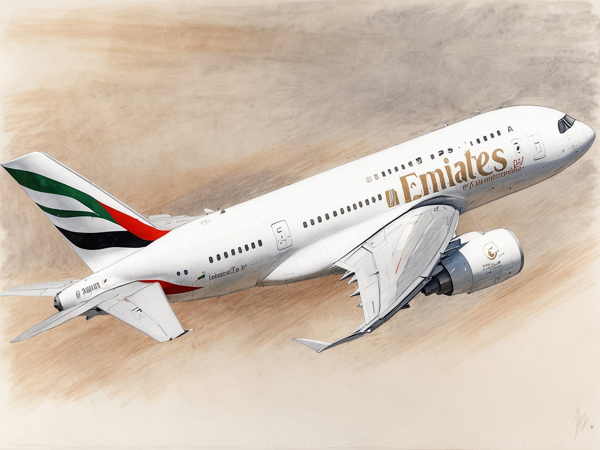 Ein Emirates A350 Flugzeug fliegt hoch in den Himmel. Die markante rote, grüne und schwarze Farbgebung des Heckflügels ist deutlich zu erkennen. Die Tragflächen des Flugzeugs sind ausgeklappt, während die Triebwerke seitlich sichtbar sind. Der Flugzeugrumpf trägt das goldene Emirates Logo. Der Hintergrund zeigt eine sanfte, beige Wolken- oder Himmelstextur, die die Darstellung des Flugzeugs in den Fokus rückt.