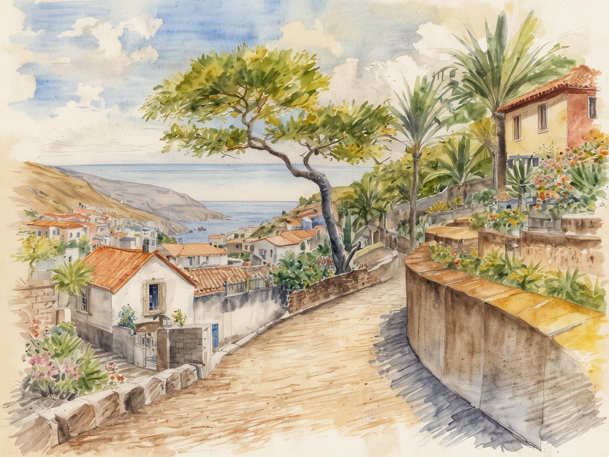 Eine malerische Landschaft auf Madeira zeigt schmalen gepflasterten Weg, der durch eine charmante Siedlung führt. Im Vordergrund befinden sich bunte Blumen und üppige Palmen, die den Weg säumen. Links sind traditionelle Häuser mit roten Ziegeldächern sichtbar, die von blühenden Pflanzen umgeben sind. Im Hintergrund erstreckt sich die Küste mit dem glitzernden Ozean und sanften Hügeln, die sich entlang der Küste ziehen, unter einem weiten Himmel mit sanften Wolken.