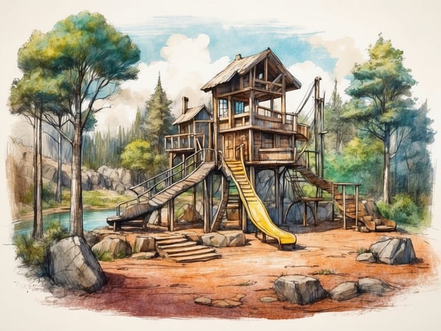 Auf dem Bild ist ein Spielplatz im Freien zu sehen, der mit einem großen Holzspielhaus ausgestattet ist. Es gibt eine Rutsche, die von der oberen Plattform des Spielhauses herabführt, sowie verschiedene Rampen und Treppen, die den Zugang erleichtern. Der Bereich ist von Bäumen umgeben und bietet eine naturnahe Umgebung, ideal für Kinder, um zu spielen und zu erkunden. Solche Attraktionen sind typisch für Abenteuerspielplätze in Freizeitparks, die die Fantasie anregen und aktives Spielen fördern.