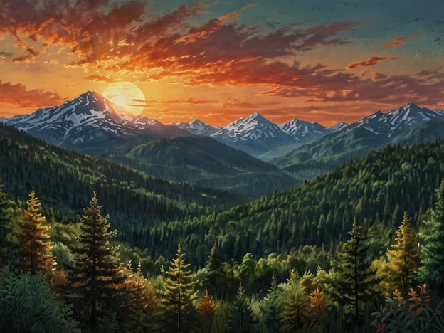 Auf dem Bild ist eine malerische Landschaft zu sehen, die von majestätischen Bergen und üppigen Wäldern geprägt ist. Die Sonne geht am Horizont unter und taucht den Himmel in warme, rötliche und orangefarbene Töne. Die schneebedeckten Gipfel der Berge erheben sich majestätisch über das grüne Tal, das mit dichten, grünen Bäumen bewachsen ist. Dieses Bild vermittelt ein Gefühl von Ruhe und Naturverbundenheit, perfekt für Naturliebhaber und Wanderfreunde.