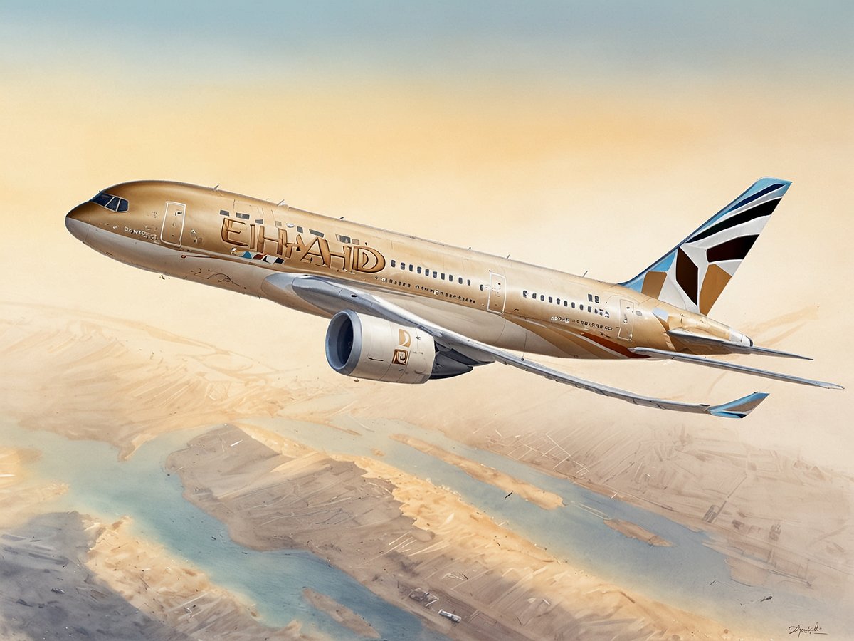 Ein Flugzeug von Etihad Airways schwebt hoch über einer malerischen Landschaft. Das Flugzeug ist goldfarben lackiert und trägt das Logo der Airline. Im Hintergrund sind sanfte Hügel und ein Wasserlauf zu sehen, während der Himmel in warmen Tönen leuchtet.