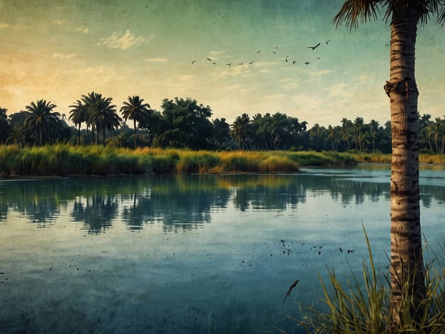 Auf dem Bild ist eine malerische Landschaft zu sehen, die an die Laguna de Mar Chiquita erinnert. Diese einzigartige Lagune in Argentinien zeichnet sich durch ihre beeindruckende Flora und Fauna aus. Umgeben von hohen Palmen und üppigem Grün spiegelt sich das ruhige Wasser in harmonischen Farbtönen wider. Die Lagune ist bekannt für ihre vielfältigen Vogelarten und dient als Lebensraum für viele Tiere. Solche ruhigen und idyllischen Szenen sind charakteristisch für diese Region, die für Naturliebhaber und Fotografen gleichermaßen faszinierend ist.