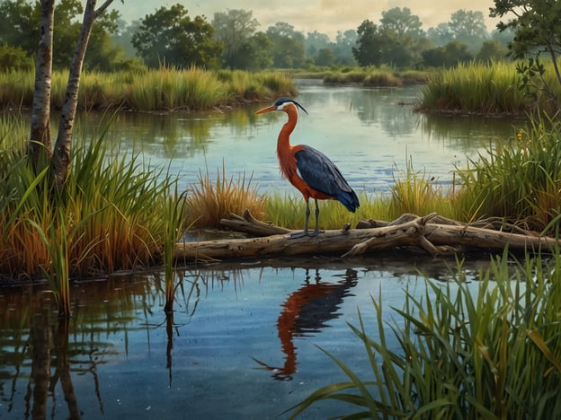 Auf dem Bild ist eine wunderschöne Lagunenlandschaft zu sehen. In der Mitte steht ein Reiher auf einem Baumstamm, umgeben von üppigem grünen Schilf und Wasser. Die Farben des Vogels sind auffällig, mit einer Mischung aus Rot und Blau, was ihn zum Mittelpunkt des Bildes macht. Die ruhige Wasseroberfläche spiegelt die Umgebung wider, und die dichten Pflanzen bieten Lebensraum für viele andere Tiere der Tierwelt rund um die Laguna. Hier könnten auch Fische, Amphibien und verschiedene Wasservögel leben, die die Vielfalt des Ökosystems repräsentieren.