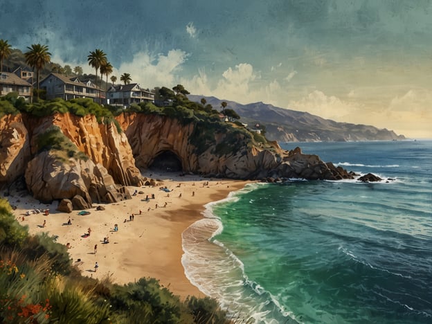 Auf dem Bild ist eine malerische Küstenlandschaft zu sehen, die eine Strandbucht mit sanften Wellen, Felsen und üppigen Palmen umfasst. Im Vordergrund sind mehrere Menschen am Strand zu sehen, die sich entspannen, sonnenbaden oder im Wasser spielen.

Hier sind einige Reisetipps für Besucher von Laguna Beach:

1. **Strände erkunden**: Besuchen Sie verschiedene Strände wie den Main Beach oder Thousand Steps Beach. Jeder Strand hat seinen eigenen Charme und Aktivitäten.

2. **Wanderungen**: Nutzen Sie die zahlreichen Wanderwege im Laguna Coast Wilderness Park für atemberaubende Ausblicke auf die Küste und die umliegende Natur.

3. **Kunst und Kultur**: Laguna Beach ist bekannt für seine Kunstszene. Besuchen Sie die Laguan Art Museum oder die zahlreichen Galerien in der Stadt.

4. **Wassersport**: Probieren Sie Aktivitäten wie Surfen, Kajakfahren oder Stand-Up-Paddling aus. Es gibt zahlreiche Verleihe und Schulen, die Ihnen helfen können.

5. **Essen und Trinken**: Genießen Sie die lokale Küche in einem der vielen Restaurants mit Meerblick. Frische Meeresfrüchte sind besonders empfehlenswert.

6. **Besuch von Festivals**: Wenn Sie zur richtigen Zeit dort sind, verpassen Sie nicht lokale Festivals und Kunstmessen, die oft in den Sommermonaten stattfinden.

Laguna Beach bietet eine perfekte Kombination aus Natur, Kultur und Erholung!