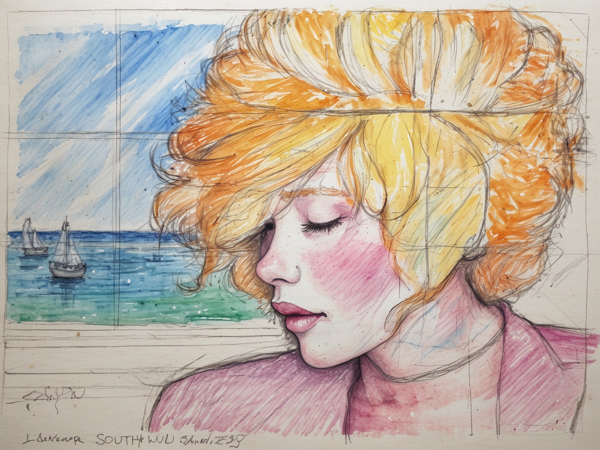 Das Bild zeigt ein farbenfrohes Aquarellporträt einer Frau mit blonden, lockigen Haaren, die zur Seite schaut. Ihre geschlossenen Augen und der sanfte Gesichtsausdruck vermitteln eine ruhige Stimmung. Im Hintergrund ist ein Ausblick auf das Meer mit mehreren Segelbooten vor einer bewölkten blauen Himmel zu sehen. Die gesamte Komposition strahlt eine entspannte Atmosphäre aus.