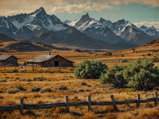 Auf dem Bild ist eine malerische Landschaft zu sehen, die möglicherweise an die Estancia Cristina in Patagonien erinnert. Die Szenerie zeigt weite grüne und goldene Wiesen, umgeben von majestätischen Bergen im Hintergrund, die teilweise schneebedeckt sind. Zudem sind einige traditionelle Holzhäuser und eine Weidezaun zu erkennen, die typisch für ländliche Gebiete in Argentinien sind. Diese Region ist bekannt für ihre spektakuläre Natur, die zahlreiche Wander- und Erlebnismöglichkeiten bietet. Estancia Cristina selbst ist ein beliebtes Ziel für Naturfreunde und Touristen, die die Schönheit Patagoniens entdecken möchten.