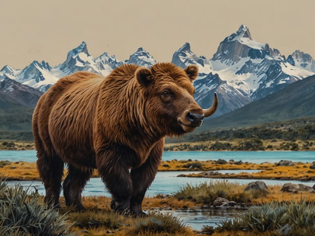 Auf dem Bild ist ein großer, brauner Bär zu sehen, der in einer malerischen Landschaft in Patagonia steht. Im Hintergrund erheben sich beeindruckende, schneebedeckte Berge, und es gibt Gewässer sowie grasbewachsene Flächen in der Umgebung. Diese Szenerie spiegelt die raue und wunderschöne Tierwelt Patagoniens wider, die für ihre einzigartige Flora und Fauna bekannt ist. Der Bär ist ein typisches Beispiel für die Tierwelt in dieser Region, die sowohl an Land als auch in Gewässern reichhaltig ist.