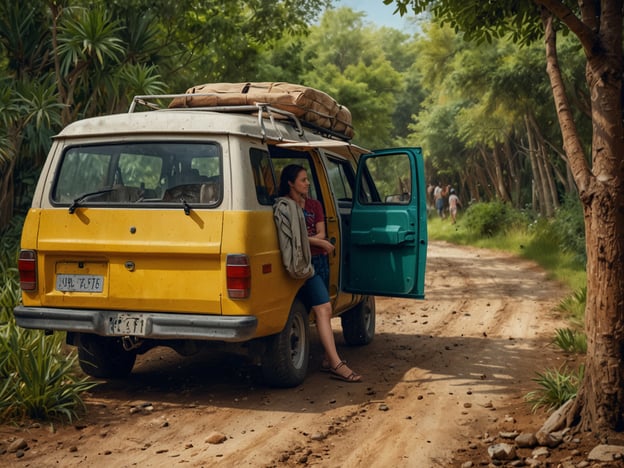 Auf dem Bild sieht man eine gelbe Lieferwagen und eine Frau, die entspannt neben dem Fahrzeug sitzt, während im Hintergrund ein Waldweg zu sehen ist. Diese Szenerie könnte gut zu Estancia Cristina passen, einem Ort, der bekannt ist für seine wunderschöne Natur und seine Bemühungen um Nachhaltigkeit und Umweltschutz. 

In Estancia Cristina wird großer Wert auf die Erhaltung der natürlichen Umgebung gelegt, was durch umweltfreundliche Praktiken und nachhaltigen Tourismus unterstützt wird. Solche Aktivitäten fördern nicht nur den Schutz der Flora und Fauna der Region, sondern bieten auch Besuchern die Möglichkeit, die unberührte Natur hautnah zu erleben und für ihre Erhaltung zu sensibilisieren.