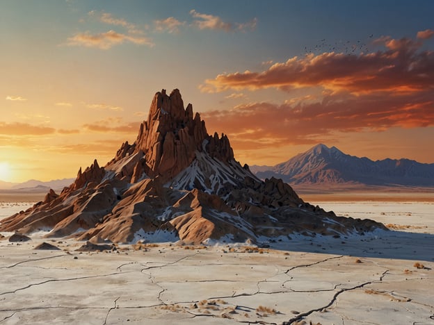 Auf dem Bild ist eine beeindruckende Landschaft zu sehen, die von den einzigartigen Eigenschaften des Campo de Piedra Pómez inspiriert zu sein scheint. Diese Region, bekannt für ihre faszinierenden vulkanischen Felsformationen, zeichnet sich durch ausgeprägte, skulpturale Strukturen aus, die aus leichtem Pumice-Gestein bestehen. Das Gelände ist oft von kargen, sandigen Böden umgeben, die durch Risse und Spalten geprägt sind.

Die leuchtenden Farben des Sonnenuntergangs reflektieren die surrealistische Schönheit der Umgebung, während die typischen hohen, spitzen Formationen an kleine Berge oder Hügel erinnern. In der Hintergrundlandschaft sind weitere Bergzüge zu erkennen, die die beeindruckende Weite des Gebiets unterstreichen. Der Eindruck von rauem, unberührtem Terrain und die schroffe Schönheit machen diese Szene zu einem faszinierenden Beispiel der natürlichen Geologie und Landschaftsformen, die im Campo de Piedra Pómez zu finden sind.