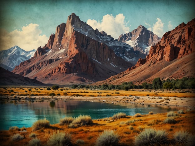 Auf dem Bild ist eine beeindruckende Landschaft zu sehen, die die abgelegene Schönheit der Natur einfängt. Majestätische Berge mit schneebedeckten Gipfeln erheben sich im Hintergrund, während im Vordergrund ein ruhiger, klarer See in sanften Blau- und Grüntönen schimmert. Die Ufer des Sees sind mit buntem Gras und Sträuchern gesäumt, das in warmen Gold- und Brauntönen leuchtet. Diese Landschaft strahlt Ruhe und unberührte Natur aus und lädt dazu ein, die Schönheit der abgelegenen Orte zu entdecken.