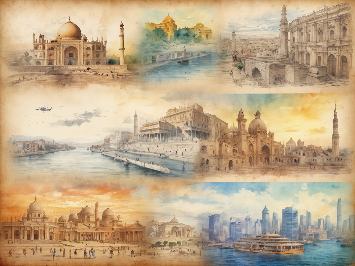 Das Bild zeigt eine Collage von verschiedenen berühmten Bauwerken und Landschaften aus der ganzen Welt. Oben links ist das Taj Mahal abgebildet, umgeben von einer ruhigen Szenerie. Daneben sind alte Gebäude und eine Wasserlandschaft zu sehen, die an historische Städte erinnern. In der oberen Mitte ist ein Fluss zu erkennen, gesäumt von eleganten architektonischen Strukturen. Darunter sind eindrucksvolle Moscheen und Paläste abgebildet, umgeben von Menschen, die die Atmosphäre genießen. Ganz unten sind eine weitere monumentale Architektur und moderne Hochhäuser in einer Stadtsilhouette zu sehen, möglicherweise aus einer asiatischen Metropole. Die gesamte Darstellung vermittelt ein Gefühl von Reisen und Entdeckung.