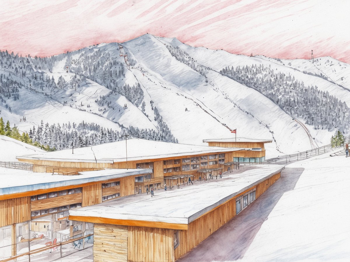 Die Illustration zeigt eine moderne alpine Architektur im Skigebiet LAAX mit einem neuen Snowpark. Im Vordergrund sind Gebäude mit großen Fenstern und Holzelementen zu sehen, umgeben von schneebedeckten Landschaften. Im Hintergrund erheben sich majestätische Berge mit Skifahrern und einer Seilbahn. Der Himmel ist in sanften Rosa- und Blautönen gehalten, was eine malerische Winterstimmung vermittelt. Die Umgebung wirkt einladend und bietet Platz für Aktivitäten und Erholung.