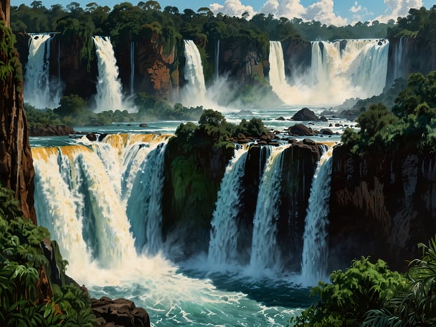 Auf dem Bild sind die beeindruckenden Iguazú-Wasserfälle zu sehen. Diese Wasserfälle, die an der Grenze zwischen Argentinien und Brasilien liegen, sind für ihre majestätische Schönheit bekannt. Die zahlreichen Wasserströme stürzen in kaskadierenden Formen über die Klippen, umgeben von üppigem Grün und dichter Vegetation. Die Gischt und der Lärm des herabfallenden Wassers schaffen eine atemberaubende Naturszenerie, die viele Besucher in ihren Bann zieht. Die Iguazú-Wasserfälle gehören zum UNESCO-Weltnaturerbe und sind ein beliebtes Ziel für Naturliebhaber und Abenteuerreisende.