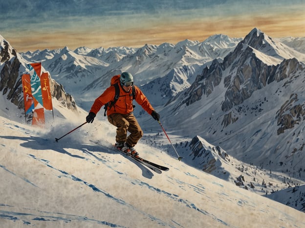 Auf dem Bild ist ein Skifahrer zu sehen, der den Hang am Cerro Catedral hinunterfährt. Er trägt eine orangefarbene Jacke und einen Helm und skiert durch den frischen Schnee inmitten einer beeindruckenden Berglandschaft. Die Umgebung ist von hohen, schneebedeckten Bergen geprägt, und es wehen farbige Fahnen im Hintergrund, die auf die Piste hinweisen.