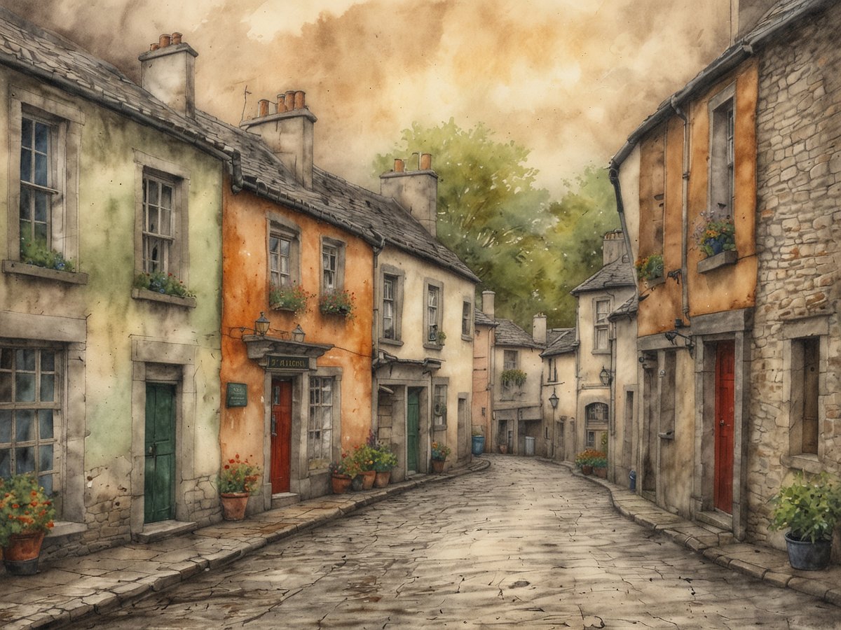 Irland: Eine Lovestory gewinnt den NATOURALE-Löwen. Das Bild zeigt eine malerische, enge Straße mit historischen Gebäuden in sanften Farbtönen von grün, orange und beige. Die Fassaden der Häuser sind teilweise mit Blumenkästen geschmückt, und der Weg besteht aus unregelmäßigen Steinen. Im Hintergrund sind Bäume sichtbar, die sanft im Licht stehen. Der Himmel zeigt eine warme, leicht bewölkte Atmosphäre, die der Szene eine friedliche Stimmung verleiht.