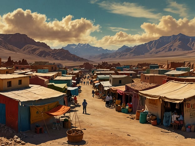 Auf dem Bild ist eine belebte, farbenfrohe Stadtlandschaft zu sehen, die an die Märkte und die lebendige Atmosphäre von La Paz erinnert. In La Paz gibt es den berühmten Markt "Mercado de Las Brujas", wo lokale Kräuter, traditionelle Heilmittel und handgefertigte Souvenirs verkauft werden. 

Außerdem könnte das Bild an die beeindruckenden Anden erinnern, die La Paz umgeben, sowie an die Straßen mit ihren einzigartigen bunten Häusern, die eine wichtige Rolle im Stadtbild spielen. Besucher können dort auch das berühmte „Valle de la Luna“ erleben, eine surrealistische Landschaft, die für ihre faszinierenden Felsformationen bekannt ist. Das Gefühl von Gemeinschaft und lokaler Kultur ist ebenfalls ein wichtiger Teil des Erlebnisses in La Paz.