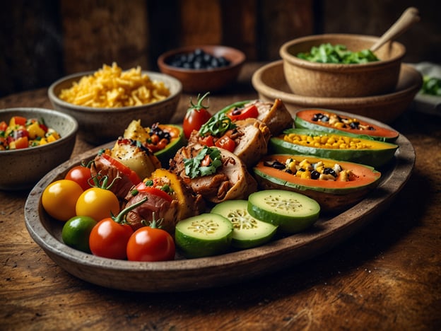 Auf dem Bild sind verschiedene kulinarische Elemente zu sehen, die an die Küche Boliviens erinnern könnten. Es gibt eine ansprechend angerichtete Platte mit gegrilltem Fleisch, das mit frischen Tomaten, Paprika und Kräutern garniert ist. Dazu sind gesunde Beilagen wie Gurken und frische Papaya mit einer bunten Füllung aus Mais und Bohnen zu finden. 

Ein typisches Gericht aus Bolivien ist **Salteña**, eine gefüllte Teigtasche, die oft mit den gleichen frischen Zutaten und Aromen zubereitet wird. Auch **Pique Macho**, ein Gericht aus Rindfleisch mit verschiedenen Beilagen, könnte in solch einer Präsentation auftauchen. Die frische und bunte Darstellung spiegelt die Vielfalt der bolivianischen Küche wider.