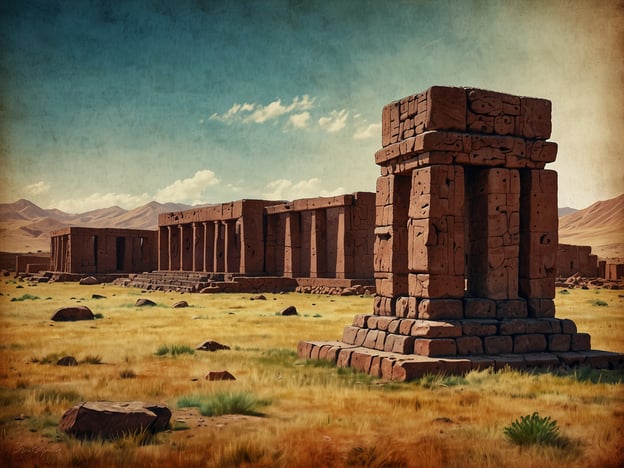 Auf dem Bild sind architektonische Ruinen zu sehen, die an die beeindruckenden Überreste von Tiwanaku erinnern. Tiwanaku war eine bedeutende Präkolumbianische Stadt im Andenraum, bekannt für ihre monumentalen Bauwerke, die zwischen 400 und 1000 n. Chr. errichtet wurden. Die Stadt liegt in Bolivien, nahe dem Titicacasee, und zeugt von einer hochentwickelten Kultur, die in der Lage war, massive Steinblöcke mit bemerkenswerter Präzision zu bearbeiten und zu transportieren.

Die Ruinen von Tiwanaku umfassen große Tempel, zeremonielle Plätze und beeindruckende Statuen, die die religiösen Überzeugungen und die soziale Struktur der damaligen Zeit widerspiegeln. Besonders bemerkenswert sind das Akapana-Pyramide und das berühmte Tor der Sonne, das komplexe astronomische und religiöse Bedeutungen in der Tiwanaku-Kultur hatte.

In der Umgebung zeugt die Landschaft von der hohen Lage der Stadt und bietet einen eindrucksvollen Blick auf die umliegenden Anden. Diese Region bleibt ein faszinierendes Ziel für Archäologen und Geschichtsliebhaber, da sie viele Rätsel über die Ursprünge und den Untergang der Tiwanaku-Zivilisation birgt.