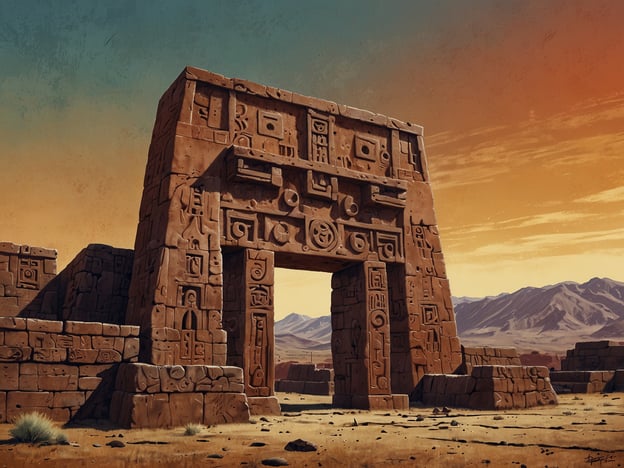 Auf dem Bild ist ein architektonisches Meisterwerk der Tiwanaku-Stätte zu sehen, wahrscheinlich das berühmte "Tor des Sonnengottes" (Puerta del Sol). Dieses beeindruckende Monument ist bekannt für seine detaillierten Steinmetzarbeiten und symbolischen Reliefs, die eine tiefe kulturelle Bedeutung haben. Die künstlerische Darstellung und die massive Struktur reflektieren die fortschrittlichen Baukünste der Tiwanaku-Zivilisation, die zwischen 300 und 1000 n. Chr. in den Anden lebte. Die Landschaft im Hintergrund mit den Bergen und dem Himmel fügt dem Bild eine dramatische Atmosphäre hinzu.