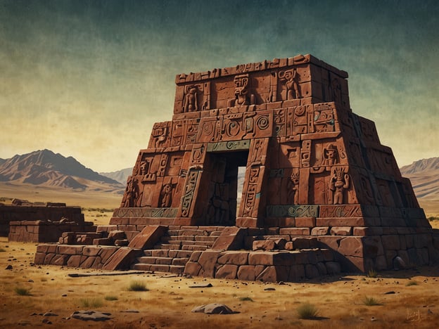 Auf dem Bild ist eine monumentale Architektur im Stil der Tiwanaku-Kultur zu sehen, die im Hochland von Bolivien blühte. Diese Struktur könnte ein Tempel oder eine Zeremonialstätte gewesen sein, die mit wichtigen religiösen Praktiken und Ritualen der Tiwanaku in Verbindung steht.

Die Tiwanaku-Kultur war bekannt für ihre komplexen Glaubenssysteme, die oft Naturgötter verehrten. Zeremonien, die zur Pacha Mama (Mutter Erde) und zu anderen Gottheiten abgehalten wurden, spielten eine zentrale Rolle. Die Menschen führten opfergaben und Rituale durch, um die Fruchtbarkeit des Landes zu sichern und gute Ernten zu erbitten.

Die Architektur, die oft mit detaillierten reliefartigen Darstellungen verziert war, könnte auch eine Verbindung zu dann noch unbekannten Astronomiepraktiken gehabt haben. Solche Stätten waren häufig gut platziert, um astronomische Ereignisse zu beobachten, was auf einen tiefen Zusammenhang zwischen Religion und Naturerfahrung hinweist.