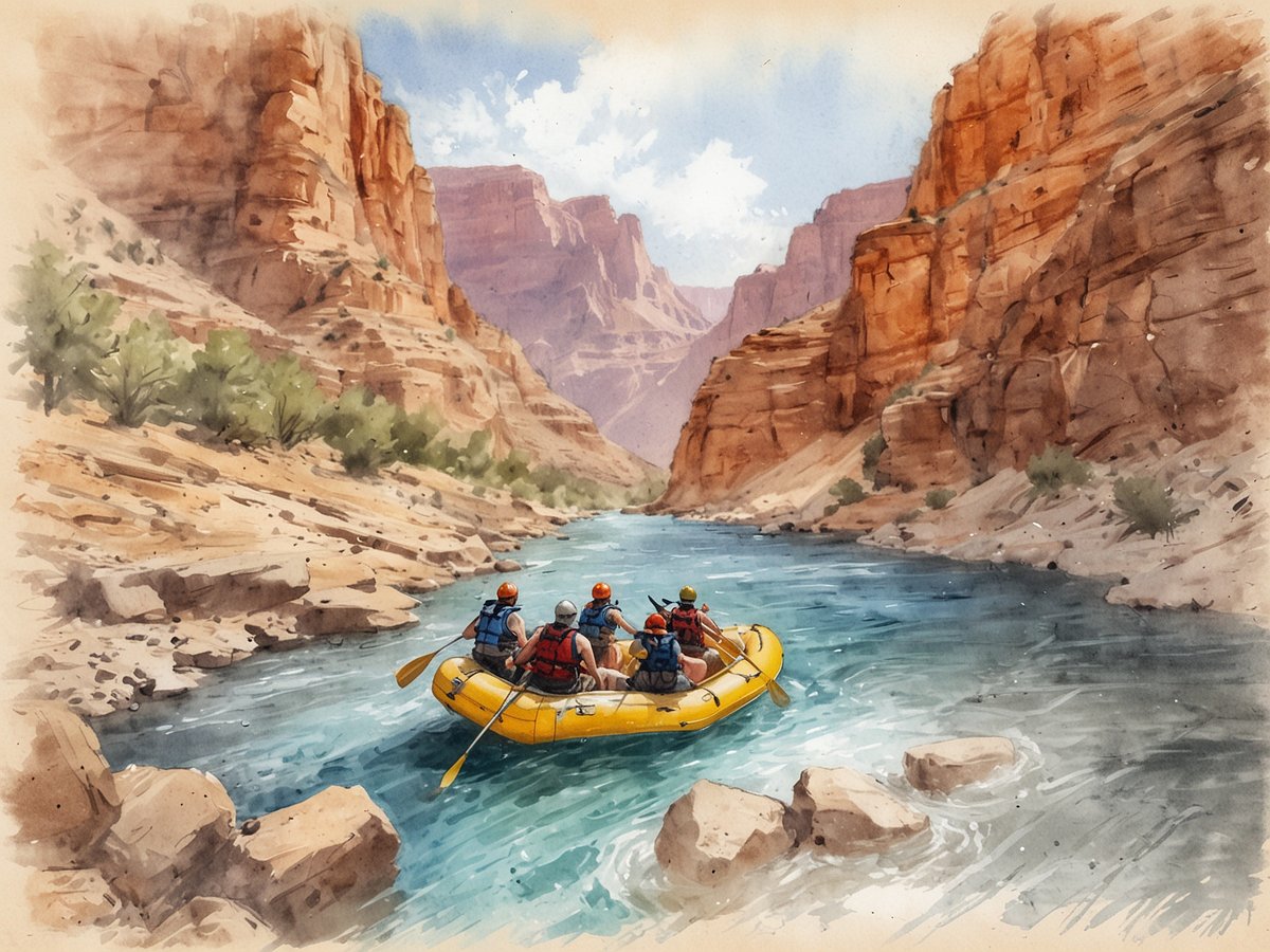 Eine Gruppe von vier Personen sitzt in einem gelben Raft und paddelt auf einem klaren Fluss, der durch die beeindruckenden Schluchten des Grand Canyon fließt. Die hohen, roten Felsen der Canyonwände erheben sich majestätisch um sie herum, während der Himmel blau mit einigen Wolken ist. Die Umgebung ist von grünen Pflanzen und kleinen Bäumen gesäumt, die einen schönen Kontrast zu den steilen Klippen bieten.