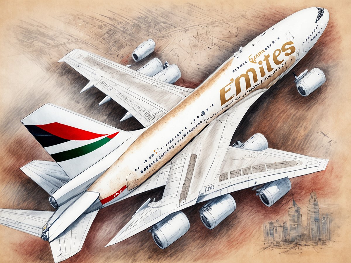 Ein Emirates A380 Flugzeug schwebt majestätisch über Dubai, umgeben von einer künstlerischen Darstellung der Skyline der Stadt. Das Flugzeug ist detailreich gezeichnet, wobei die charakteristischen Merkmale wie die markante Farbgebung und das Logo hervorgehoben sind. Im Hintergrund sind schemenhaft Hochhäuser zu sehen, die das urbane Flair Dubais widerspiegeln. Der gesamte Eindruck vermittelt eine feierliche Stimmung, passend zum Anlass des UAE National Day.