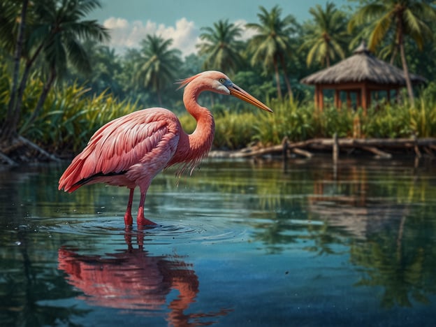 Auf dem Bild sind elegante Flamingos zu sehen, die in einer ruhigen Lagune stehen. Ihr auffälliges rosa Gefieder spiegelt sich im Wasser, umgeben von üppigem Grün und tropischen Palmen. Diese majestätischen Tiere sind bekannt für ihre anmutigen Bewegungen und gehören zu den charakteristischen Bewohnern der Lagune.