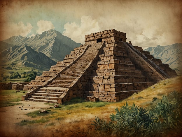 Auf dem Bild sind archäologische Schätze in Form von Inka-Ruinen zu sehen. Die Darstellung zeigt eine große pyramidenartige Struktur aus Stein, die von einer malerischen Berglandschaft umgeben ist. Diese Ruinen zeugen von der beeindruckenden Baukunst und Kultur der Inka-Zivilisation, die für ihre monumentalen Bauwerke und ihre fortgeschrittene Ingenieurskunst bekannt ist.