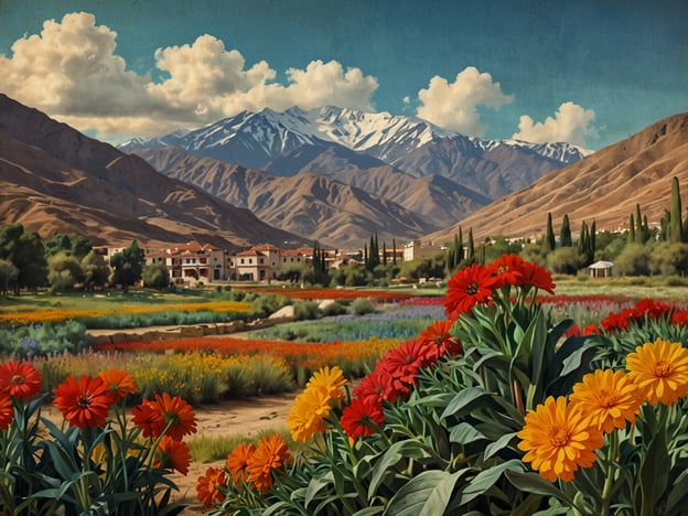 Auf dem Bild sind bunte Blumenfelder in einer malerischen Landschaft zu sehen, mit schneebedeckten Bergen im Hintergrund. Diese Szenerie könnte vom einzigartigen Klima von Cochabamba, Bolivien, inspiriert sein, das durch milde Temperaturen und reichhaltige Niederschläge gekennzeichnet ist. Diese Bedingungen fördern eine vielfältige und lebhafte Flora, die sich harmonisch in die umgebende Berglandschaft eingliedert. Die blühenden Pflanzen reflektieren die fruchtbare Agrarlandschaft der Region, die für ihre landwirtschaftliche Produktivität bekannt ist.