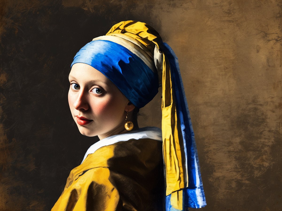 Ein Porträt einer jungen Frau, die schräg in die Kamera blickt. Sie trägt einen auffälligen blauen Turban und hat eine goldene Perle als Ohrschmuck. Ihr Gesicht zeigt einen sanften Ausdruck mit betonten Wangenknochen und roten Lippen. Die Kleidung ist in warmen Gelbtönen gehalten und der Hintergrund ist strukturiert und in gedeckten Brauntönen gehalten, was den Fokus auf das Gesicht und die Kopfbedeckung lenkt.