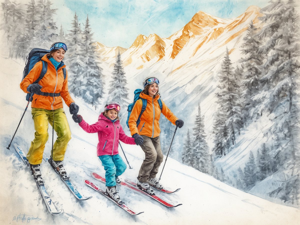 Eine fröhliche Familie beim Skifahren in den malerischen Bergen von Imst. Eine Mutter und ihre zwei Kinder, alle mit Skiern ausgestattet und in bunter Winterkleidung, gleiten lächelnd die verschneite Piste hinunter. Die majestätischen Berge und schneebedeckten Tannen im Hintergrund schaffen eine atemberaubende Kulisse für ihren Winterurlaub. Dieser Moment verkörpert den Skiurlaub in Imst, der Spaß, Abenteuer und unvergessliche Familienerlebnisse vereint.