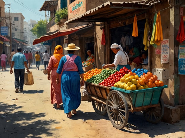 Auf dem Bild sind lebhafte Marktszenen zu sehen, die an die bunten Märkte von El Alto erinnern. Es zeigt Straßen voller Menschen, die um Obststände herumgehen. Besonders auffällig sind die bunten Früchte auf einem Karren, die eine Vielzahl von Farben und Formen zeigen, während Händler und Käufer in geschäftiger Atmosphäre interagieren. Diese Szenen vermitteln ein Gefühl von Lebhaftigkeit und kultureller Vielfalt.