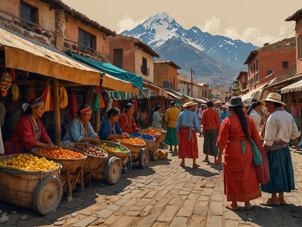 Auf dem Bild ist eine belebte Marktszene zu sehen, die typischerweise in El Alto, Bolivien, stattfinden könnte. Die Händlerinnen, die traditionell gekleidet sind, verkaufen eine Vielzahl von buntem Obst. Ihre farbenfrohen Kleidung und die Verwendung von traditionellen Waren spiegeln die Kultur und Identität der Aymara- und Quechua-Völker wider, die in dieser Region stark vertreten sind.

Die Marktstruktur ist auch ein wichtiger Bestandteil der sozialen und wirtschaftlichen Traditionen in El Alto. Hier treffen sich Menschen nicht nur zum Kauf und Verkauf, sondern auch zum Austausch von Nachrichten und zur Pflege von Gemeinschaftsbeziehungen. 

Der Hintergrund mit den majestätischen Anden vermittelt das Gefühl der Verbundenheit mit der Natur, die in der bolivianischen Kultur eine zentrale Rolle spielt. Insgesamt zeigt das Bild eine lebendige Darstellung der kulturellen Praktiken und Traditionen in El Alto.