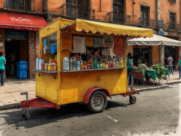 Auf dem Bild ist ein orange-gelber Streetfood-Wagen zu sehen, der in einer Stadtstraße von El Alto steht. Der Wagen bietet verschiedene Getränke an, wahrscheinlich Säfte oder Erfrischungsgetränke, wie die bunten Flaschen und Behälter zeigen. Im Hintergrund sind weitere Menschen zu sehen, die an den Tischen sitzen oder vorbeigehen, was eine lebendige Atmosphäre vermittelt. Solche Essensstände sind in El Alto sehr beliebt und bieten eine Vielzahl von lokalen Speisen und Getränken an.