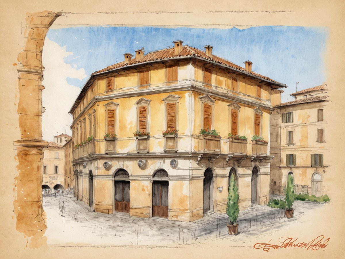 Eine künstlerische Aquarellzeichnung zeigt das Tivoli Palazzo Gaddi in Florenz. Das Gebäude ist in sanften Gelbtönen gehalten und verfügt über große Fenster mit Holzläden und Blumenkästen. Im Vordergrund sind einige kleine Pflanzen in Töpfen zu sehen, die den Platz beleben. Im Hintergrund sind weitere historische Gebäude erkennbar, während ein klarer Himmel über der Szenerie strahlt. Die Zeichnung vermittelt eine charmante und einladende Atmosphäre des italienischen Ambientes.