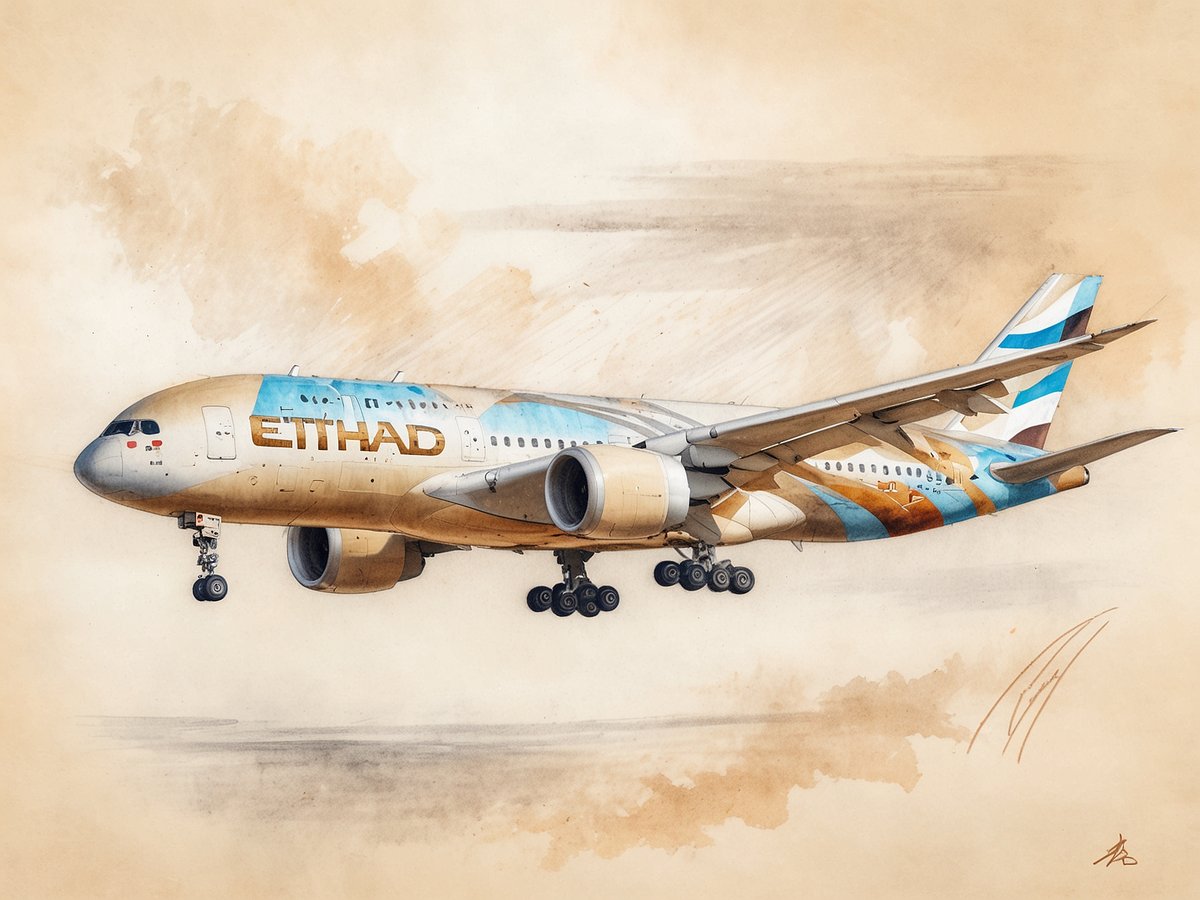 Ein Flugzeug von Etihad Airways schwebt im Anflug über einen sanften, beige-hinterlegten Hintergrund. Die Maschine trägt ein auffälliges Design mit einer Kombination aus hellblauen und braunen Mustern sowie dem Etihad-Schriftzug auf der Seite. Die Landeklappen sind ausgefahren und die Räder sind sichtbar, bereit zur Landung. Das Bild vermittelt ein Gefühl von Bewegung und Dynamik und hebt die Nachhaltigkeitsinitiative der Airline hervor.