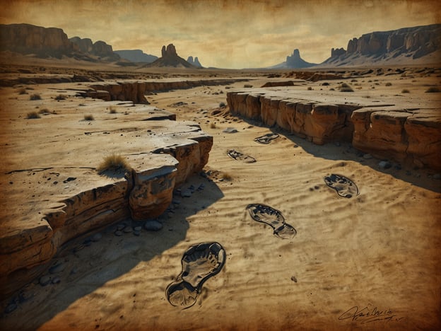 Auf dem Bild sind verschiedene Fußspuren im Sand zu sehen, die an die faszinierende Welt der Dinosaurierspuren erinnern. Die Landschaft wirkt trocken und karg, mit felsigen Strukturen im Hintergrund. Die Spuren könnten möglicherweise die Reise eines Lebewesens darstellen, das einst in dieser Umgebung lebte. Diese Szenerie könnte den Betrachter dazu anregen, sich Fragen über die Vergangenheit und die Kreaturen, die einst diese Erde bevölkerten, zu stellen.